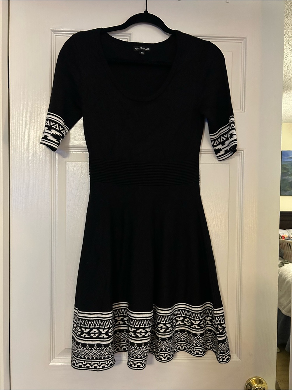 Nina Leonard Black Midi Scoop-Neck Dress with White Geometric Trim